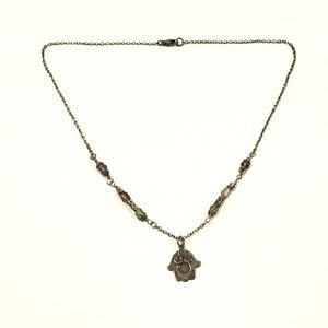 Sterling Silver Hamsa Hand Smoky Quartz & Peridot Beaded Chain Necklace 17 1/2"L